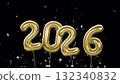 Black screen New Year 2026 gold foil balloons float around 3D rendering. 132340832