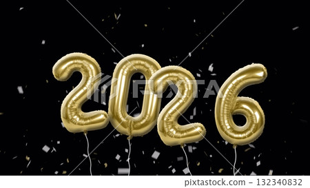 Black screen New Year 2026 gold foil balloons float around 3D rendering. 132340832