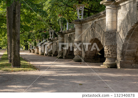Exploring the stunning architecture of the Great Catherine Palace gardens at peaceful midday in St Petersburg 132340878