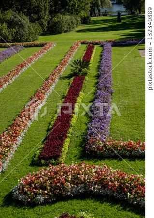 Beautiful floral patterns in the gardens of Catherine Palace showcasing vibrant colors and meticulous landscaping 132340889