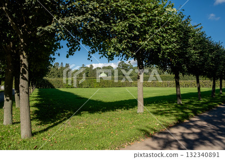 Visiting Catherine Palace with its beautifully manicured gardens and an inviting green lawn under a clear blue sky during the summer 132340891