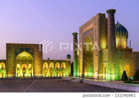 Beautiful night view of Registan Square in Samarkand, Uzbekistan Beautiful night view of Registan Square in Samarkand, Uzbekistan 132340961