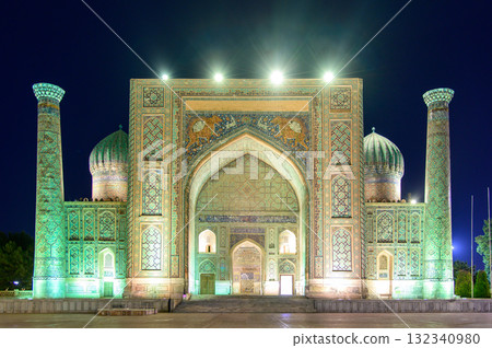 Beautiful night view of Registan Square in Samarkand, Uzbekistan Beautiful night view of Registan Square in Samarkand, Uzbekistan 132340980