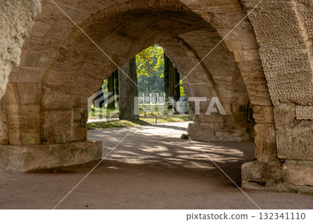 Exploring the tranquil pathways of the Great Catherine Palaces serene gardens and arches in late afternoon light 132341110