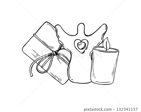 Vector monochrome illustration of Xmas decorative elements. Etching drawing of Christmas angel doll with central bell, aromatic candle, wrapped gift box tied with rope. For greeting card, invitation. 132341137