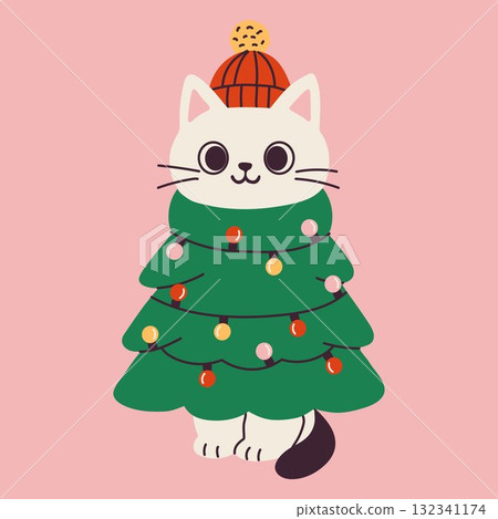 Adorable cartoon kitten in Christmas tree costume with holiday lights Adorable cartoon kitten in Christmas tree costume with holiday lights 132341174