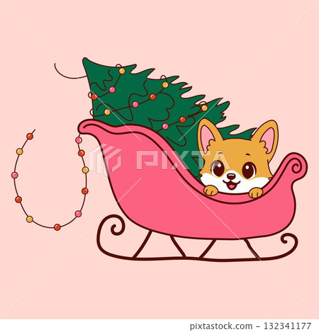 Adorable corgi puppy pulling Christmas tree in festive sleigh 132341177