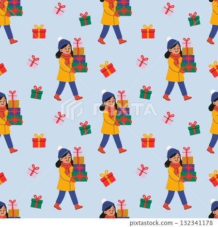 Cute holiday gift-giving pattern with girl in winter coat and presents 132341178