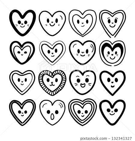 Collection of cute heart designs with smiling faces in black and white on a white background Collection of cute heart designs with smiling faces in black and white on a white background 132341327