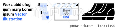 Documents stack, storefront with BUY button, and pair of shoes. Ideal for online shopping, e-commerce websites, product listings, retail, marketing materials, digital ads, and landing page. Landing Documents stack, storefront with BUY button, and pair of shoes. Ideal for online shopping, e-commerce websites, product listings, retail, marketing materials, digital ads, and landing page. Landing 132341490