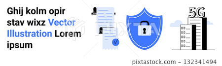 Text elements, detailed documents with checkmark and clips, imposing security shield icon, and tall buildings with 5G connectivity icon. Ideal for technology, security, networking Text elements, detailed documents with checkmark and clips, imposing security shield icon, and tall buildings with 5G connectivity icon. Ideal for technology, security, networking 132341494