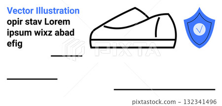 Outline of a shoe next to a blue shield with check mark, text elements, and lines. Ideal for e-commerce, product safety, branding, marketing, advertisement, web design, DIY graphic design. Landing 132341496