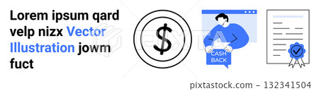 Dollar symbol, person holding cash back card, web page, contract with ribbon. Ideal for finance, e-commerce, user rewards, online transactions, customer loyalty, business contracts, financial Dollar symbol, person holding cash back card, web page, contract with ribbon. Ideal for finance, e-commerce, user rewards, online transactions, customer loyalty, business contracts, financial 132341504
