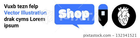 Blue speech bubble with Shop text, a black and white anatomical heart next to a vertical pen icon. Ideal for e-commerce, digital marketing, education, health, and art. Banner for landing page 132341521