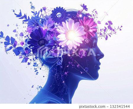 Illustration of a brain that combines AI and flowers | Digital art symbolizing concentration, meditation, and creativity Illustration of a brain that combines AI and flowers | Digital art symbolizing concentration, meditation, and creativity 132341544