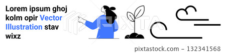 Woman pointing at a seedling with text Lorem ipsum, stylized clouds, and minimalist design. Ideal for educational content, environment awareness, gardening tips, eco-friendly products, nature blogs Woman pointing at a seedling with text Lorem ipsum, stylized clouds, and minimalist design. Ideal for educational content, environment awareness, gardening tips, eco-friendly products, nature blogs 132341568