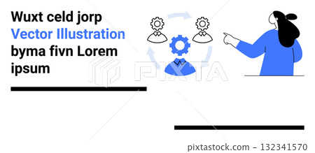 Businesswoman pointing to gears and arrows illustrating workflow process. Ideal for business training, project management, team collaboration, corporate presentations, workflow diagrams, marketing Businesswoman pointing to gears and arrows illustrating workflow process. Ideal for business training, project management, team collaboration, corporate presentations, workflow diagrams, marketing 132341570