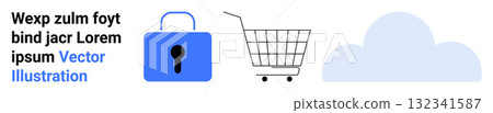 Padlock symbolizing security, shopping cart for e-commerce, cloud for storage or services. Ideal for online security, e-commerce, cloud storage, data protection, digital services, technology 132341587