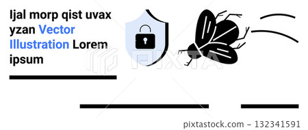 Shield with lock represents security, while a virus moves towards it. Ideal for cybersecurity, data protection, IT solutions, threat prevention, security awareness, online safety, and tech blogs 132341591