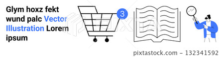 Shopping cart with notification badge, open book with wavy pages, person holding magnifying glass wearing blue coat. Ideal for e-commerce, study, research, analysis, library, detective Shopping cart with notification badge, open book with wavy pages, person holding magnifying glass wearing blue coat. Ideal for e-commerce, study, research, analysis, library, detective 132341592