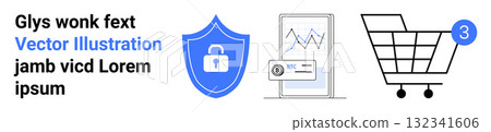 Shield with a lock, smartphone displaying analytics, shopping cart with a notification bubble. Ideal for online security, analytics, shopping, e-commerce, data protection, notifications, technology 132341606