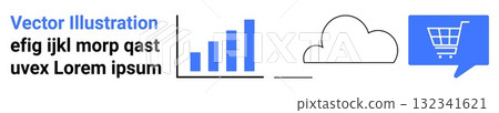 Bar graph, cloud outline, and shopping cart icon within a speech bubble. Ideal for e-commerce, data analytics, cloud computing, market analysis, online shopping, business solutions, presentation Bar graph, cloud outline, and shopping cart icon within a speech bubble. Ideal for e-commerce, data analytics, cloud computing, market analysis, online shopping, business solutions, presentation 132341621