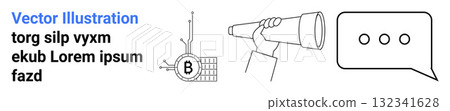Hand holding telescope, circuit board with B symbol, and speech bubble with three dots and text beside it. Ideal for tech, communication, exploration, presentation, business, innovation Hand holding telescope, circuit board with B symbol, and speech bubble with three dots and text beside it. Ideal for tech, communication, exploration, presentation, business, innovation 132341628