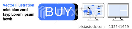 Buy button in blue, people in video conference on computer screen, and app interface. Ideal for online shopping, digital payment, e-commerce, remote work, online meetings, user interface design 132341629