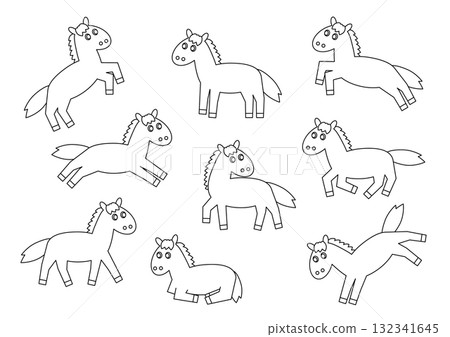 單色線描可愛馬姿勢集 單色線描可愛馬姿勢集 132341645
