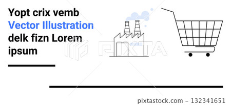 Factory with smoke stacks beside a shopping cart, symbolizing industry and commerce. Ideal for sustainability, e-commerce, logistics, production, green energy, industry trends, global trade. Banner 132341651