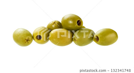 pitted olives isolated on white background. pitted green olives isolated. pitted olives isolated on white background. pitted green olives isolated. 132341748