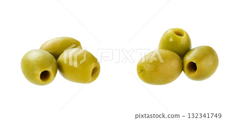 pitted olives isolated on white background. pitted green olives isolated. 132341749