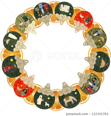 Christmas wreath made of festive ornaments and dried orange slices with nativity scenes inside. Hand-painted watercolor clip art isolated on white, perfect for holiday cards, decor, seasonal designs. 132341763