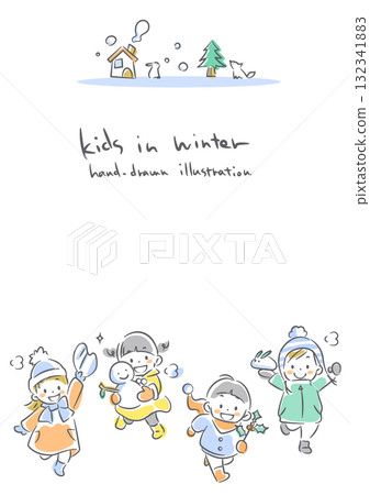Frame of children enjoying winter. Soft and warm watercolor-style hand-drawn line art illustration. 132341883