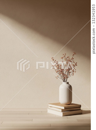 White Vase with Orange Berries on Beige Books Against Textured Wall 132341953