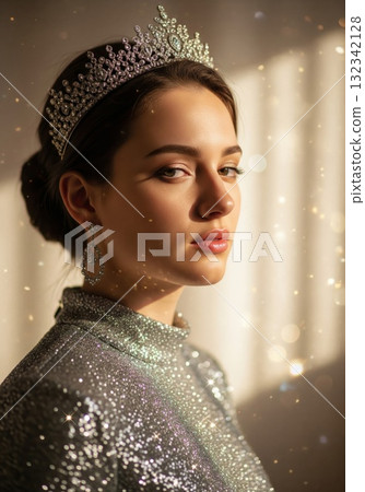 Woman with Crown and Glittering Dress in Warm Light Studio 132342128