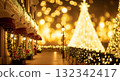 Festive City Street with Warm Yellow Light Decorations at Night 132342417