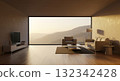 Modern Living Room with Panoramic Mountain View and Wood Floors 132342428