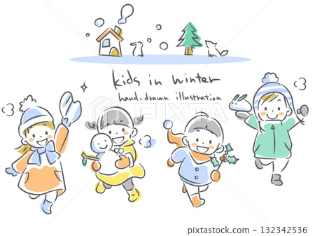 Children enjoying winter - soft and warm watercolor hand-drawn line illustration 132342536