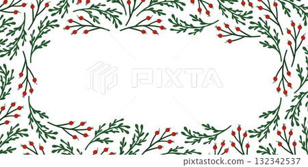 Christmas frame with green branch and red berry forming a festive rectangular border on a white background in flat style. Christmas frame with green branch and red berry forming a festive rectangular border on a white background in flat style. 132342537