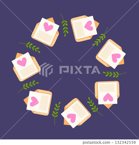 Circular wreath of love letter in envelope with pink heart and green leaf in flat style. Valentine day card. Circular wreath of love letter in envelope with pink heart and green leaf in flat style. Valentine day card. 132342539