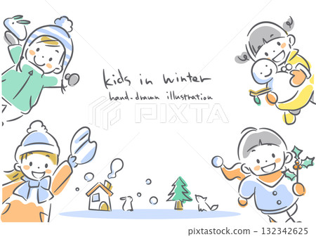 孩子們享受冬天的畫面。柔和溫暖的水彩風格手繪線條藝術插圖。 孩子們享受冬天的畫面。柔和溫暖的水彩風格手繪線條藝術插圖。 132342625
