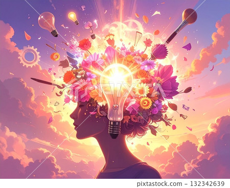 創造力綻放的插圖 | 光與花瓣從頭部蔓延的創意象徵藝術 132342639