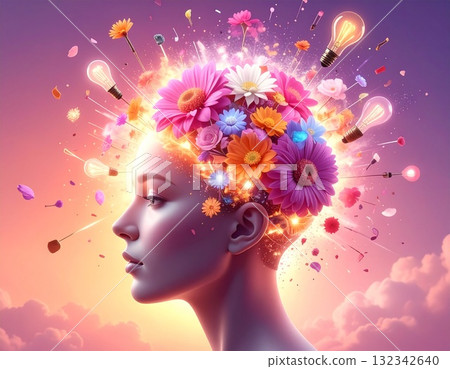 創造力綻放的插圖 | 光與花瓣從頭部蔓延的創意象徵藝術 132342640
