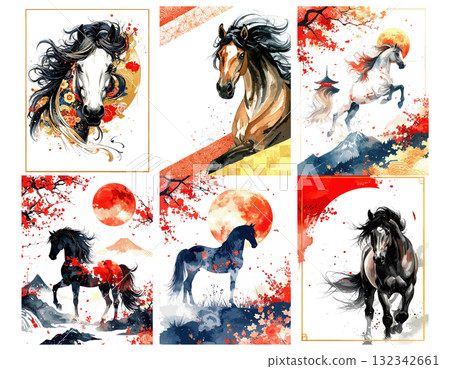Hand-drawn horse New Year's card style illustration set, New Year's card 132342661