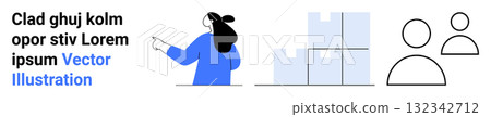 Businesswoman in blue pointing at stacked boxes, signifying organization and management. Ideal for business planning, logistics, teamwork, leadership, project management, corporate communication 132342712