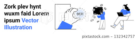 Hand holding DEFI coin, person photographing floating coins, and person on laptop. Ideal for finance, technology, blockchain, cryptocurrency, digital marketing, creativity, remote work. Landing page Hand holding DEFI coin, person photographing floating coins, and person on laptop. Ideal for finance, technology, blockchain, cryptocurrency, digital marketing, creativity, remote work. Landing page 132342757