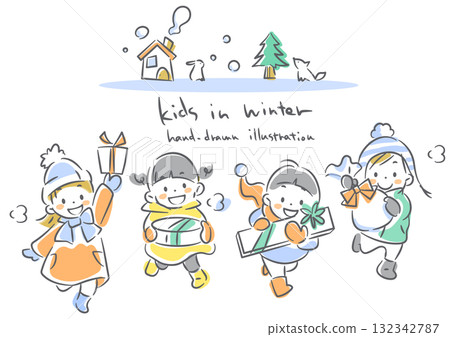 帶著禮物奔跑的孩子 — — 柔和溫暖的水彩手繪線條畫插圖 帶著禮物奔跑的孩子 — — 柔和溫暖的水彩手繪線條畫插圖 132342787