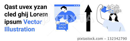 Blue and white vector with person holding cashback sign, upward black arrow, another person watering head with flowers. Ideal for financial, motivational, marketing, self-improvement, e-commerce 132342790