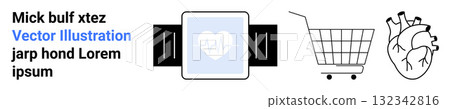 Includes a smartwatch with a heart icon, a shopping cart, and a detailed heart drawing. Ideal for health, fitness, online shopping themes. Black, white, and pastel blue colors. Banner for landing Includes a smartwatch with a heart icon, a shopping cart, and a detailed heart drawing. Ideal for health, fitness, online shopping themes. Black, white, and pastel blue colors. Banner for landing 132342816